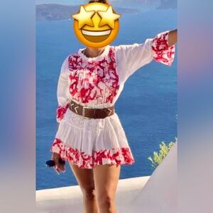 Dhaka Palladio Flared Sleeve White and Red Medium Large  Tunic Shirt Dress Top 1